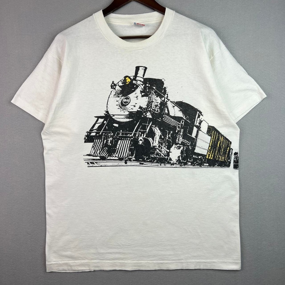 Vintage Train Wraparound Print White Tee Shirt 1990 XL